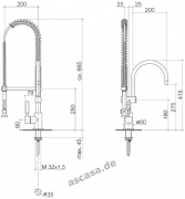 Dornbracht Tara Classic Einhebelmischer mit Pendelbrause Profi, Griffhebel links, Hochdruck, Platin matt, 33880889-06